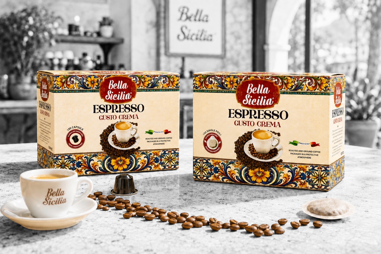 Bella Sicilia Espresso Gusto Crema capsules and pods
