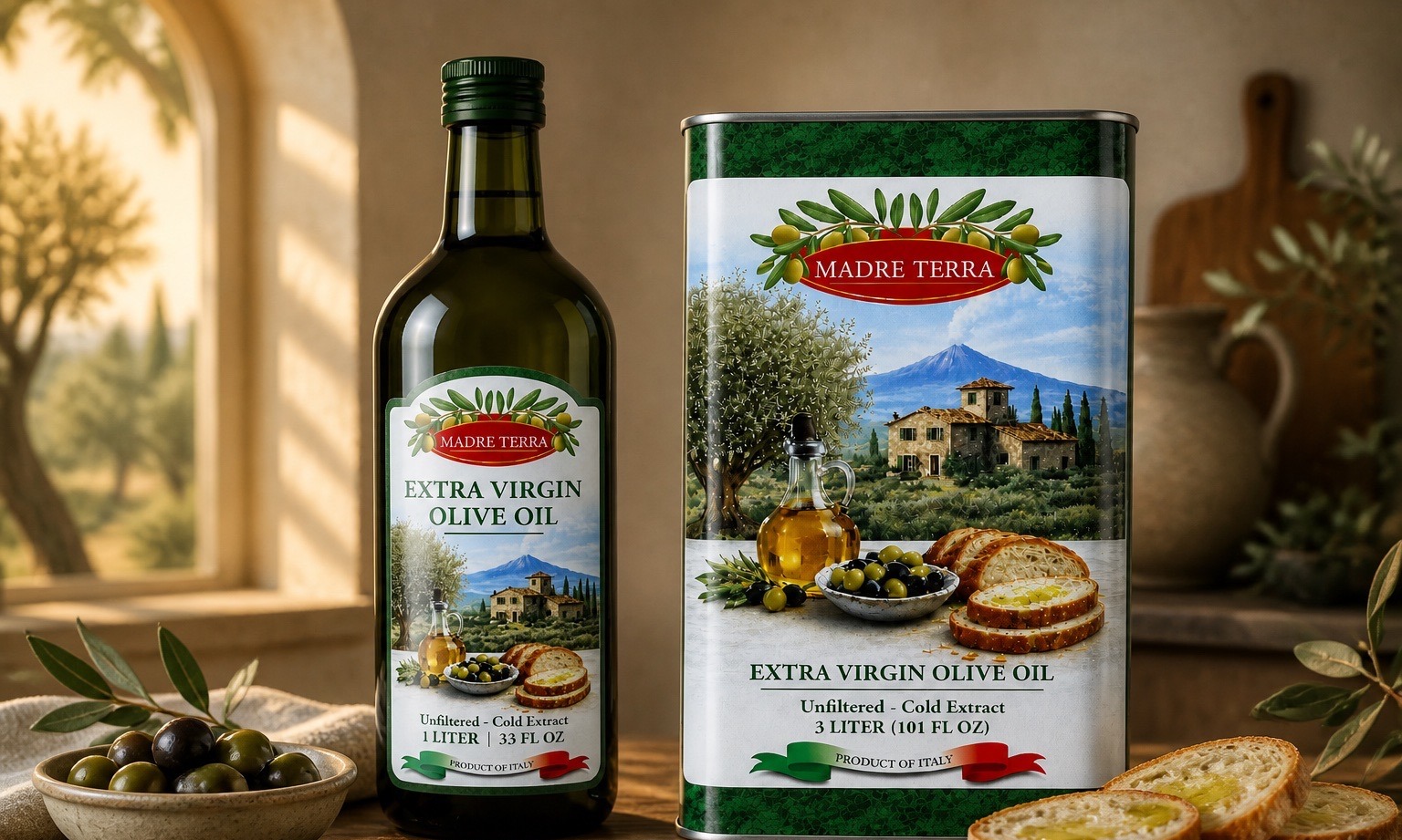 Madre Terra extra virgin olive oil 1L bottle and 3L tin