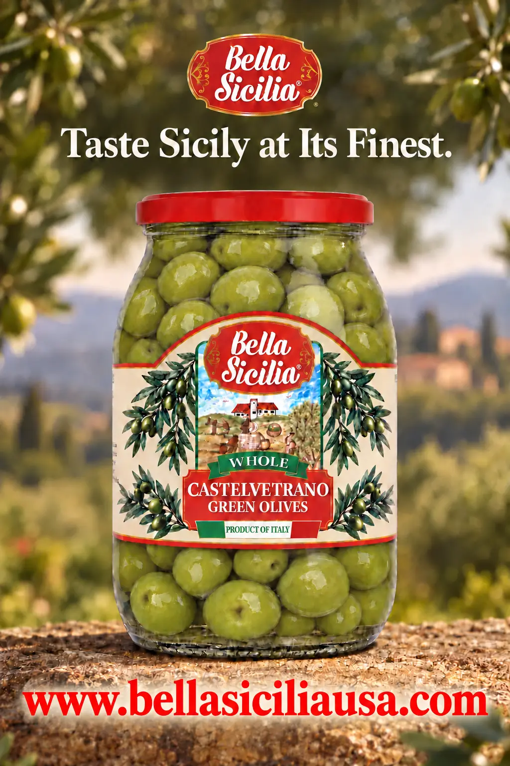 Bella Sicilia whole Castelvetrano green olives jar