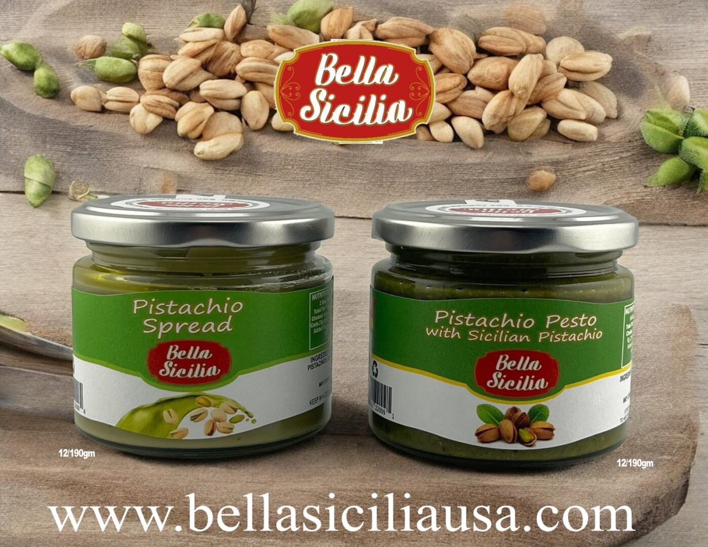 Bella Sicilia pistachio spread and pistachio paste retail jars